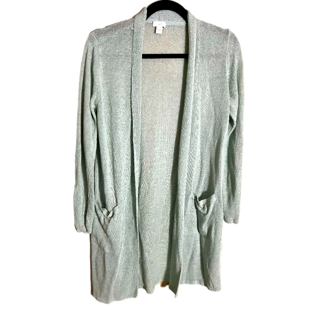 J Jill Women's Seafoam Green Linen Blend Knit Open Cardigan coastal old money